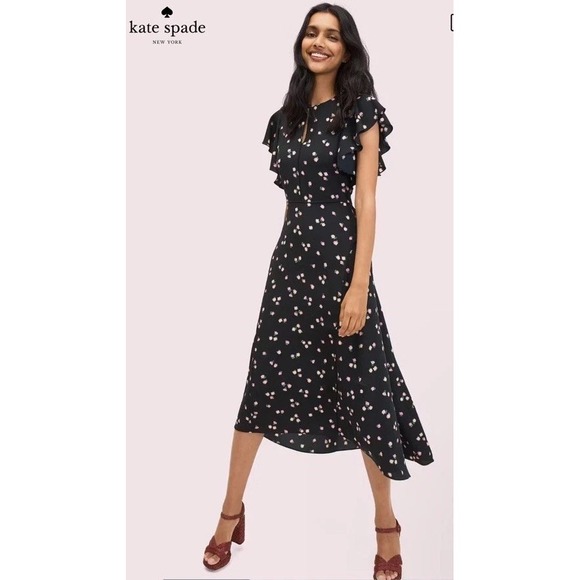 Kate Spade Ditsy Begonia Black & Pink Floral Ruffle Sleeve Maxi Dress Women's 10
